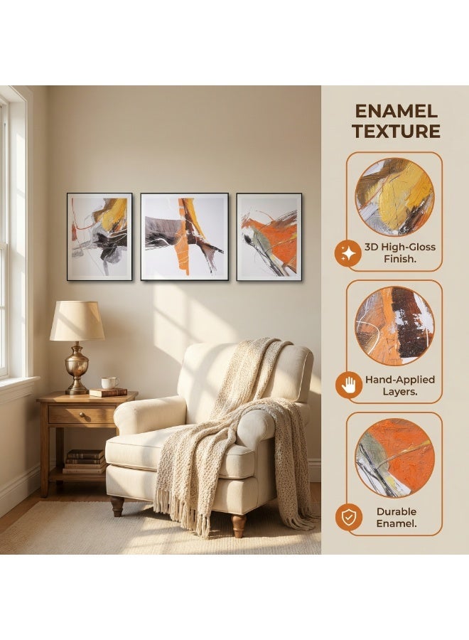 لوحة جدارية ثلاثية مجردة حديثة – مقاسات 60×80 سم + 80×80 سم + 60×80 سم – ألوان أصفر دافئ ورمادي وأسود – لتزيين غرفة المعيشة والنوم - Image 1